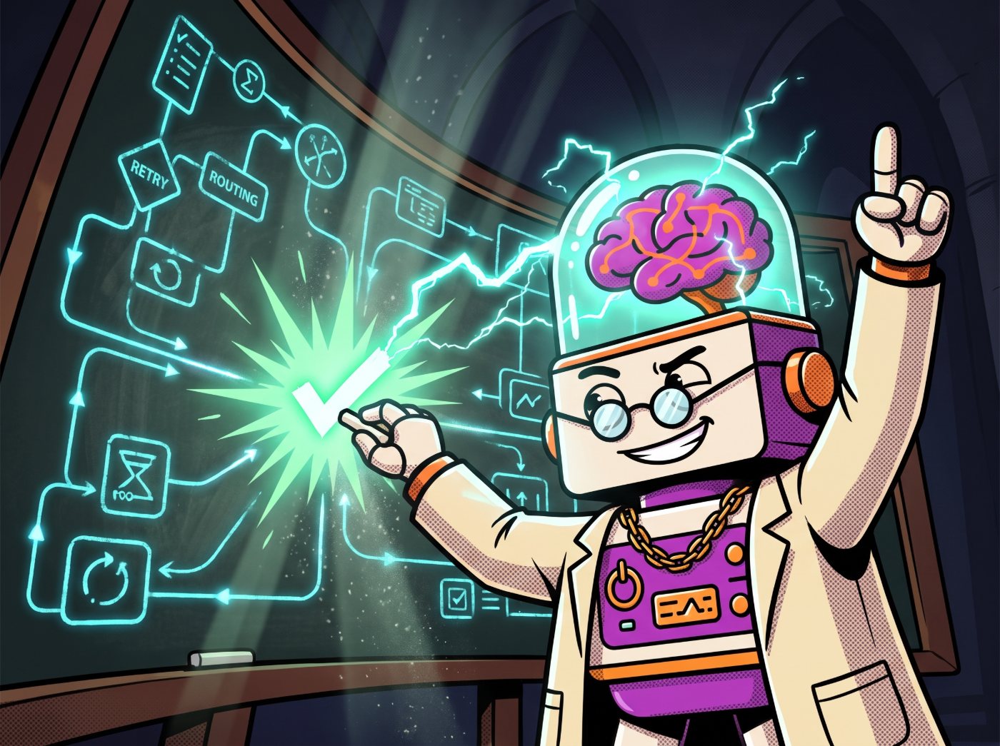 The Brain Robot as a professor mapping cross-payment collection flows on a glowing chalkboard