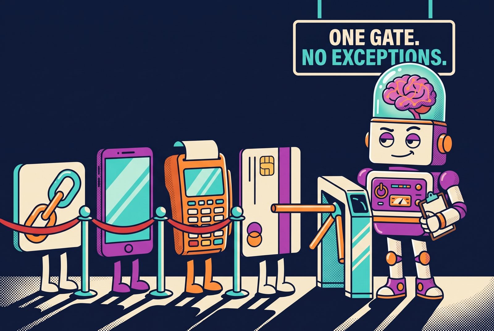 Illustration: a chain-link payment link, a smartphone, a POS terminal and a bank card queue single file behind a velvet rope at one turnstile; the Brain Robot doorman holds a clipboard under a sign reading ONE GATE. NO EXCEPTIONS.