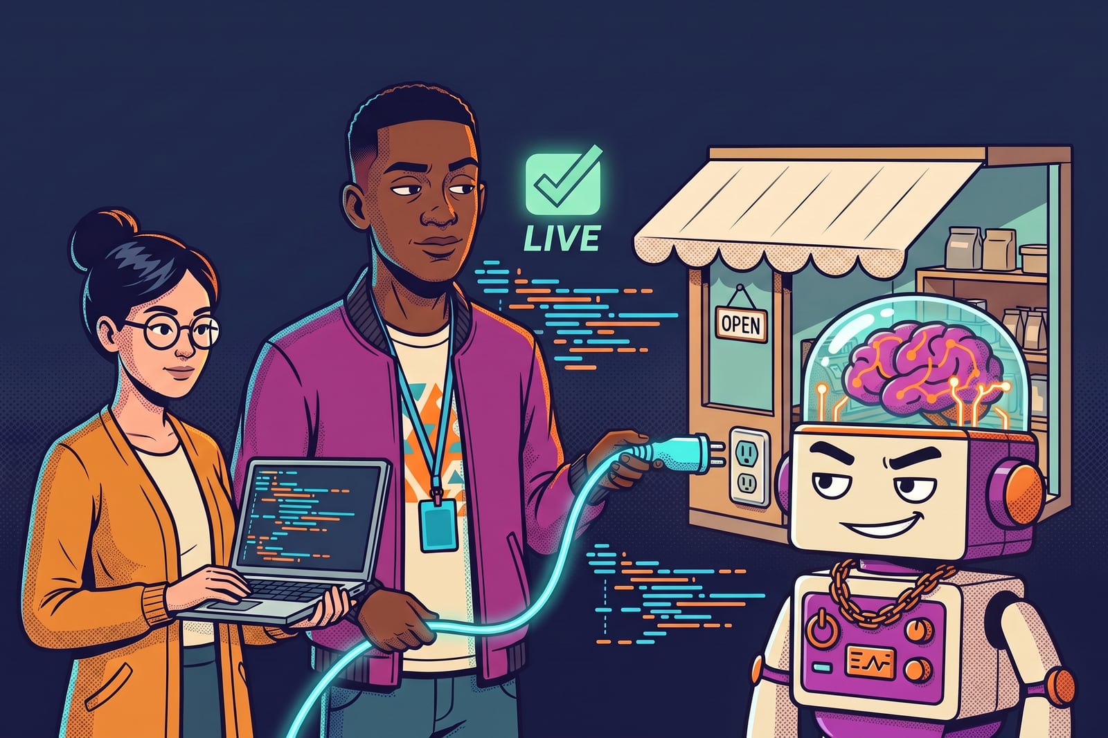 Illustration: developers alongside the Brain Robot plugging a glowing API cable into a business.