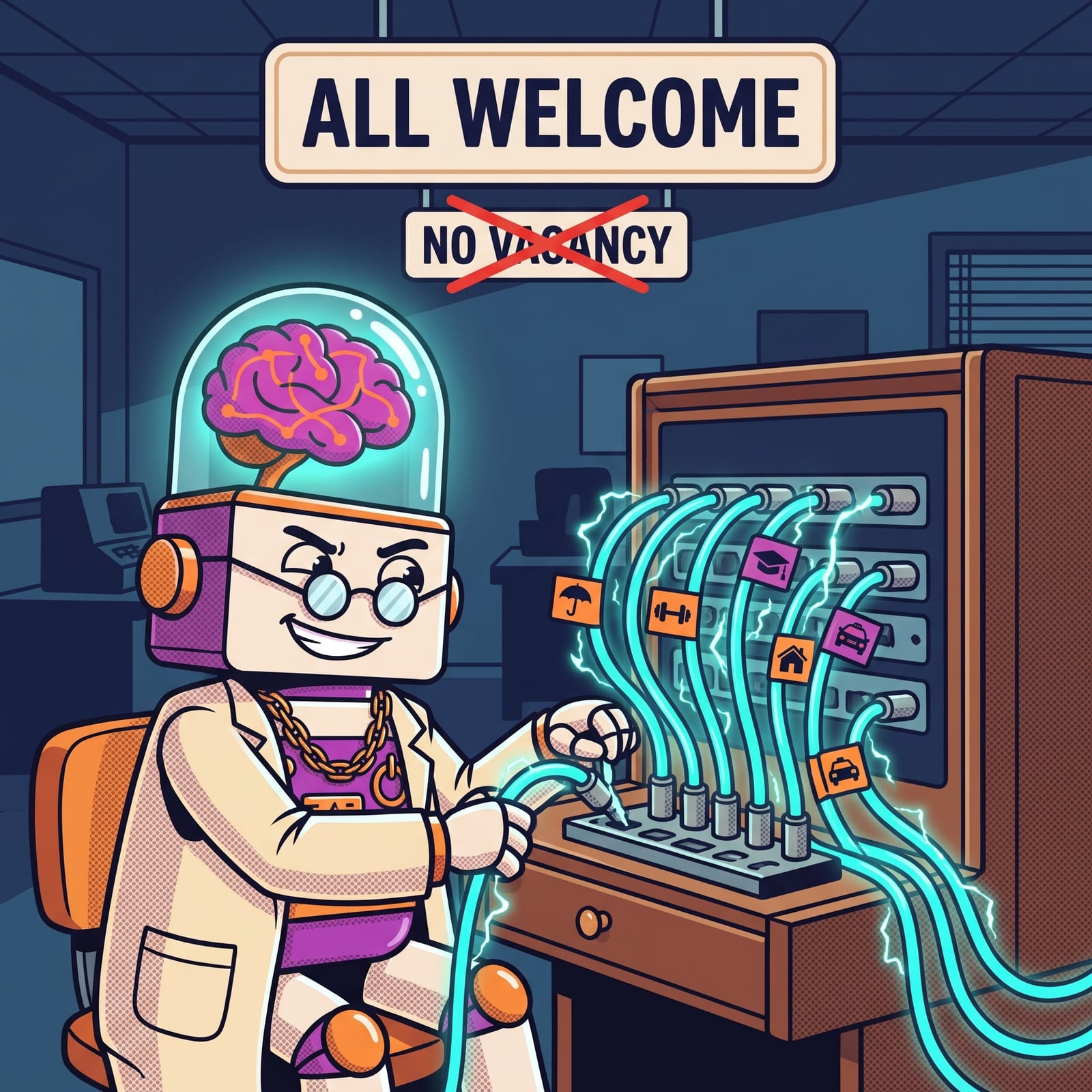 Illustration: the Brain Robot as a mid-century switchboard operator, patching every industry's cable into one glowing socket strip.
