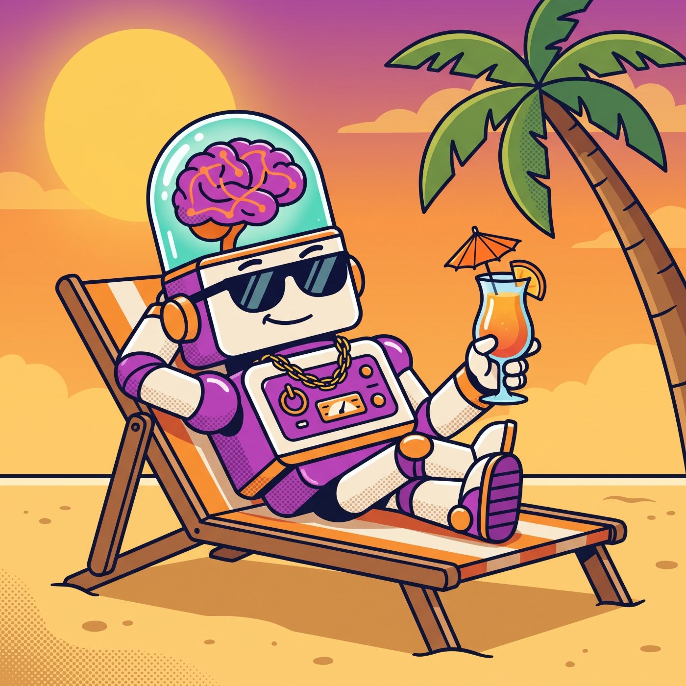 The Brain Robot relaxing on a beach while collections run on autopilot