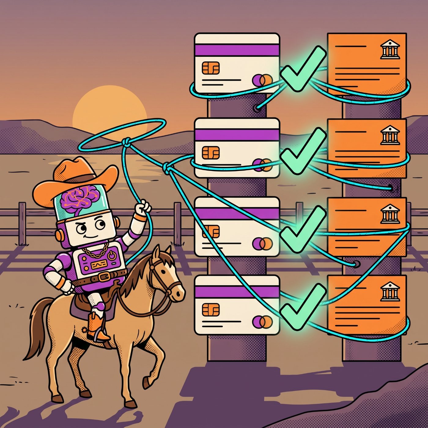 The Brain Robot as a cowboy lassoing cards to banks with mint approval checks