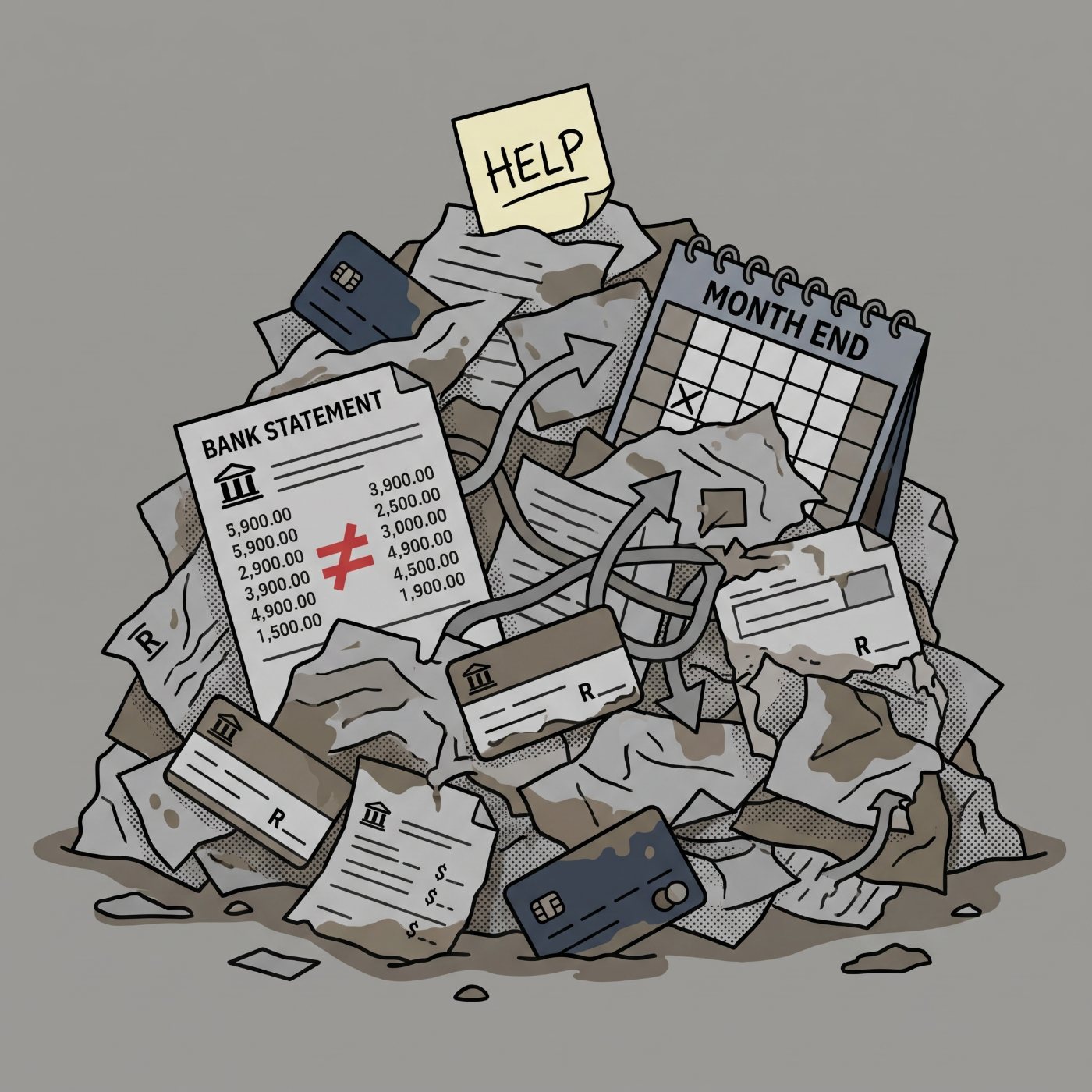 A messy pile of mismatched bank statements with a HELP note