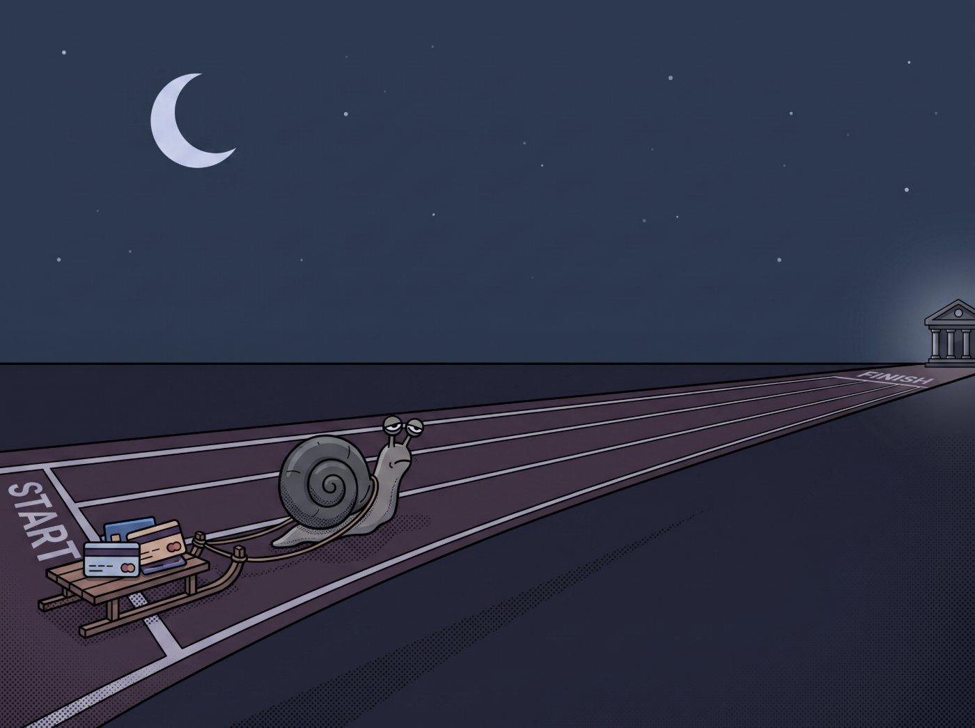 A snail slowly hauling cards toward a distant bank at night