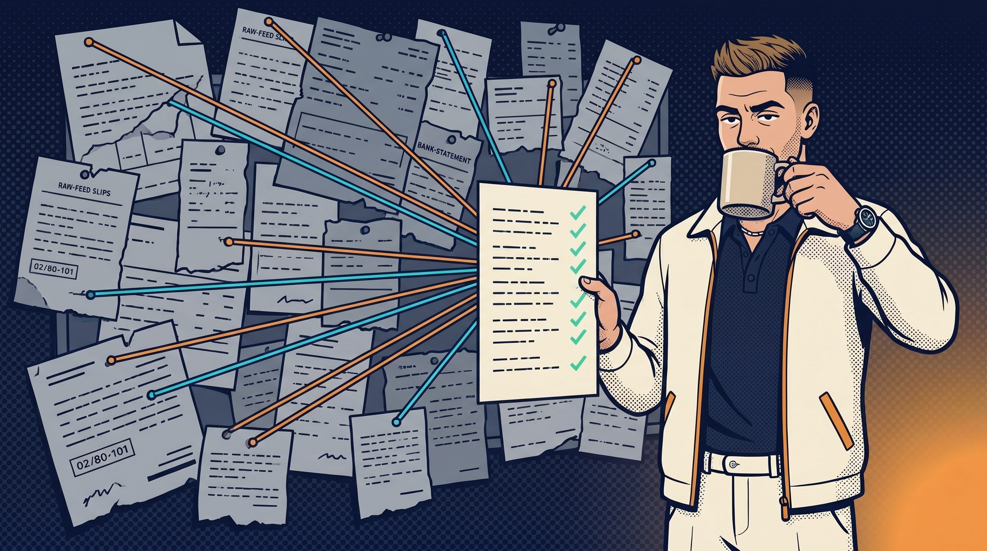 Illustration: the reconciliation specialist mid-coffee in front of a chaotic wall of raw statement slips - every matching string running perfectly straight into the one clean reconciled sheet in his hand.