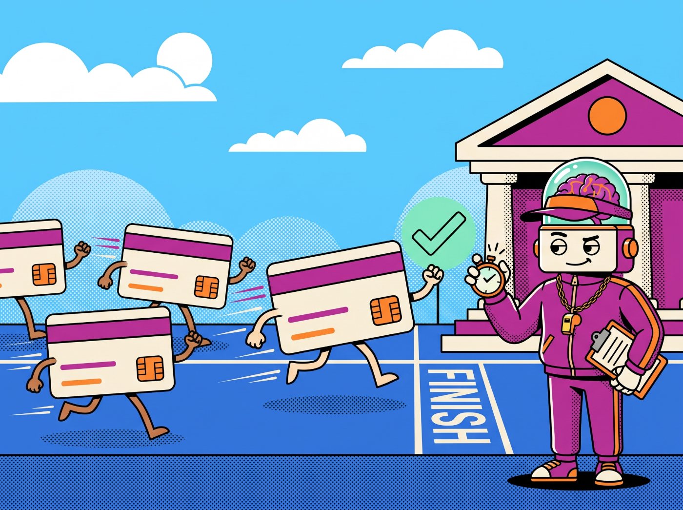 Card characters racing to a FINISH line with the Brain Robot as coach