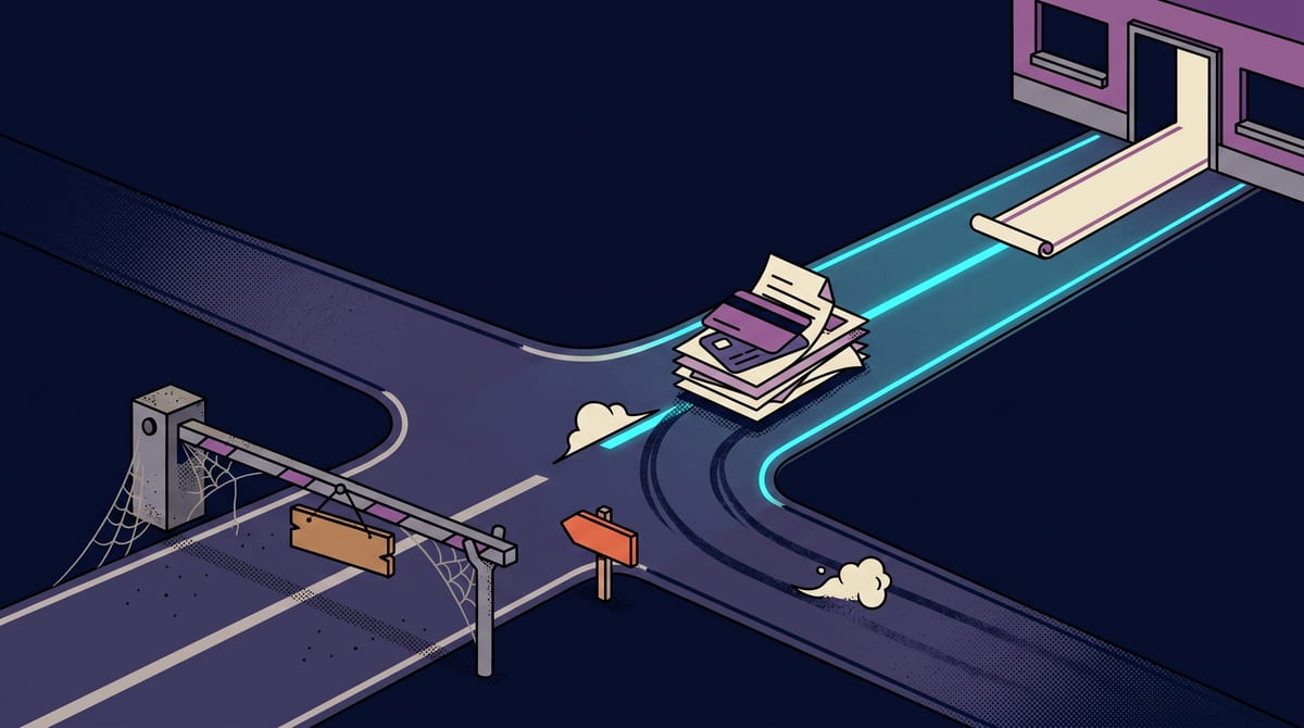 A collection travels a road that forks: one branch dead-ends at a lowered grey boom gate, the payment turns at a small orange marker onto the open branch lit by a single cyan line, arriving at a bright terminus.